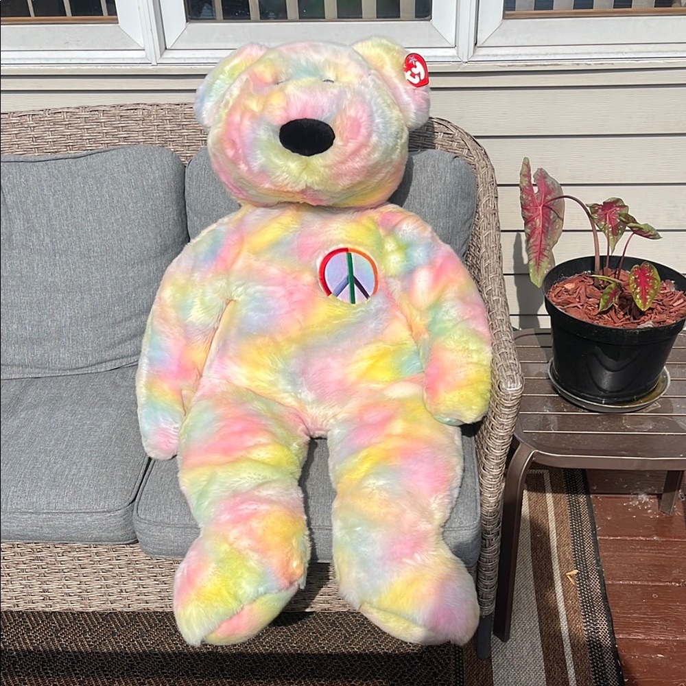 1999 Colorful Tie-Dye Beannie Baby Jumbo Peace Bear Plush 42”